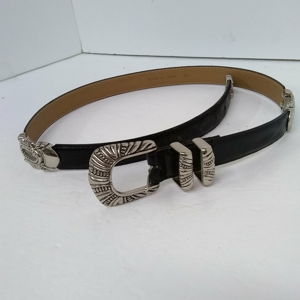 Womens Belt Black Leather Western W/ Silver-Tone Conchos Beaded  36"/1"w
